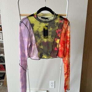 Boohoo Multicolor Tie-Dye Mesh Long Sleeve Crop Top